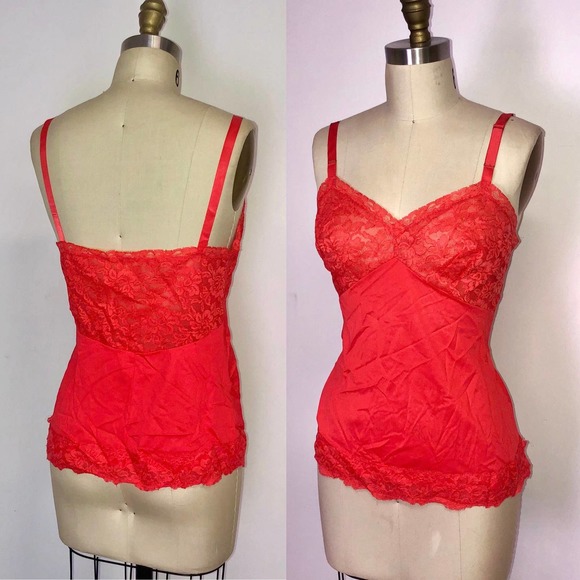 60s Red Camisole Top Nylon Lace Nylon slip tank - Size Medium 36 - Picture 1 of 4